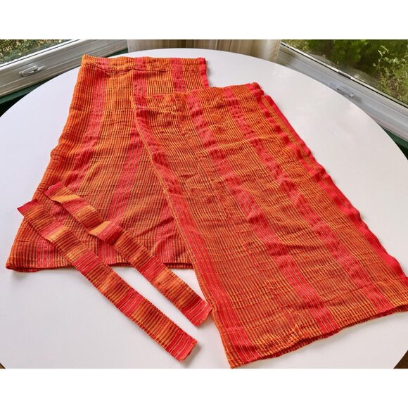 Vintage 70s curtains, red, orange, yellow sheer woven panels, tiebacks, pair - Picture 1 of 9